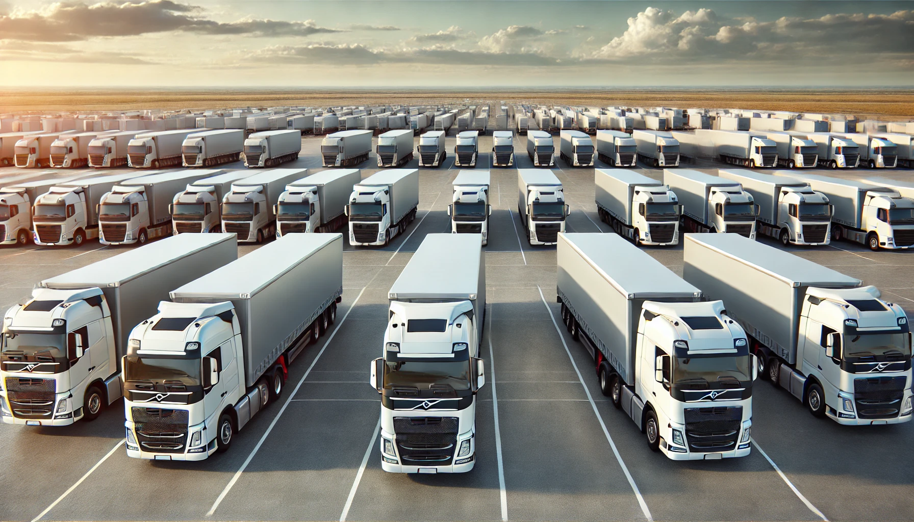 fleet modern trucks parked in a large outdoor parking commercial truck fleet